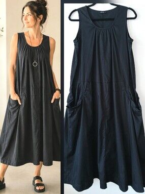 ZAPA Paris Black Cotton Midi Dress Lagenlook Oversized Pocket Women's US 8 FR 40